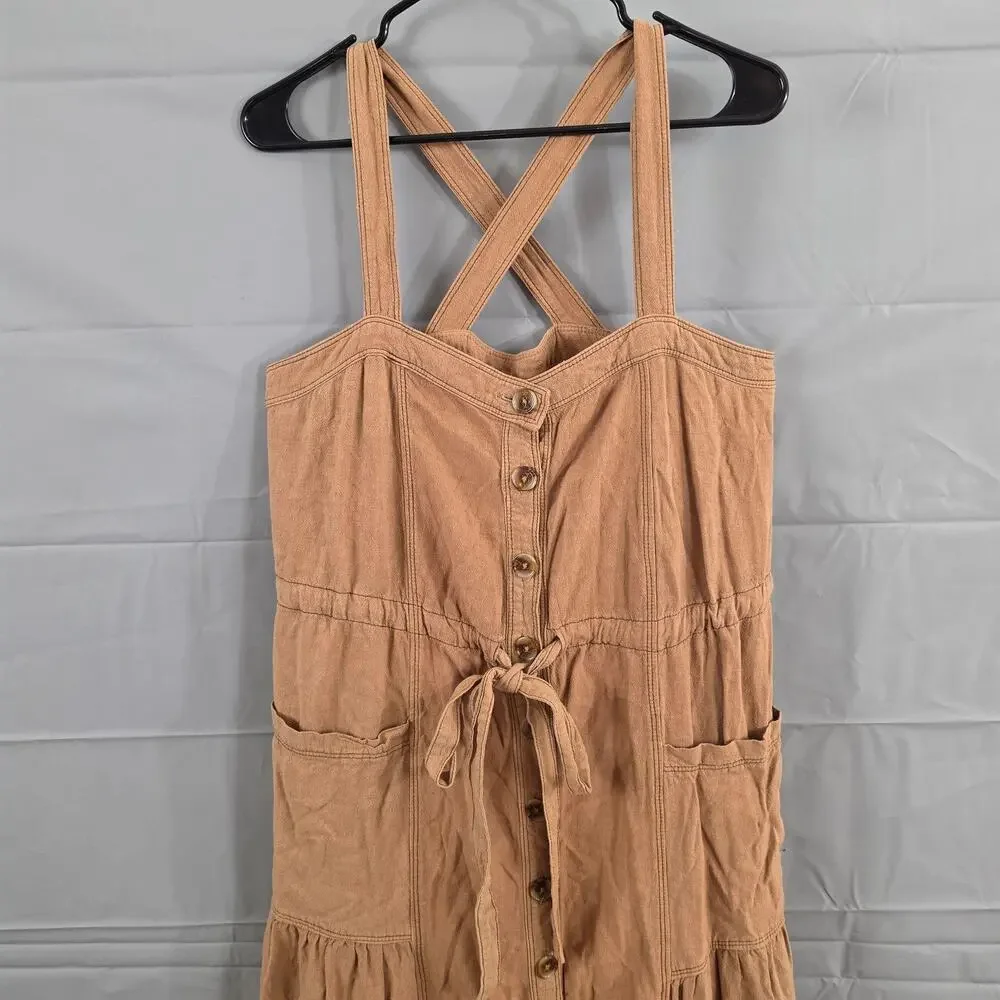 Free People Dress Medium Catch the Breeze Tan Linen Midi Brown Boho Casual